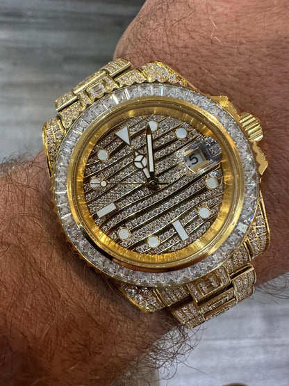 Hip Hop SUMMER 2023 WAVE EDITION Real Baguette MOISSANITE Mens NO ID Presidential Wave Watch Iced Gold  Hip Hop