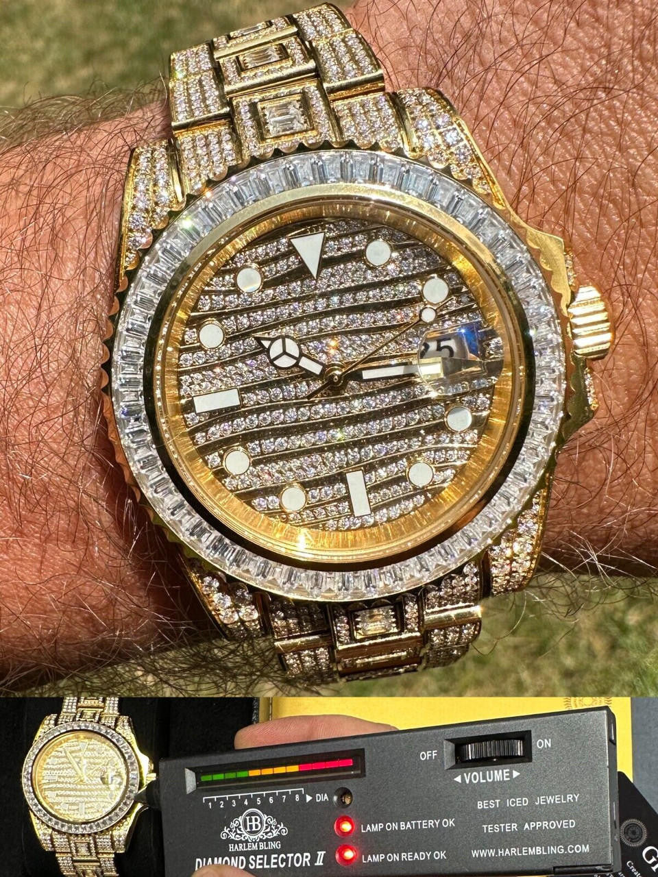 Hip Hop SUMMER 2023 WAVE EDITION Real Baguette MOISSANITE Mens NO ID Presidential Wave Watch Iced Gold  Hip Hop