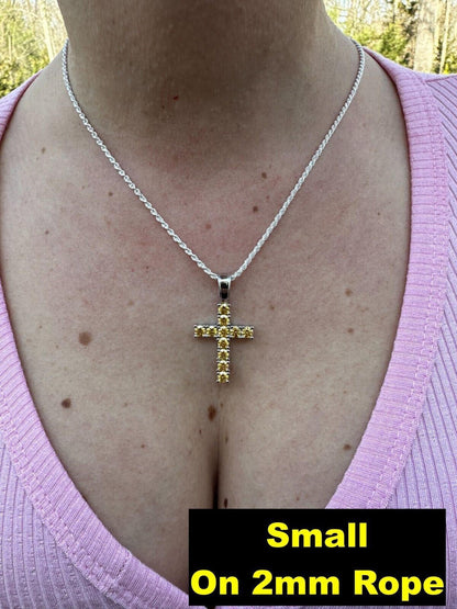 Hip Hop Yellow Canary MOISSANITE Real 925 Silver Cross Iced Pendant Necklace Hip Hop