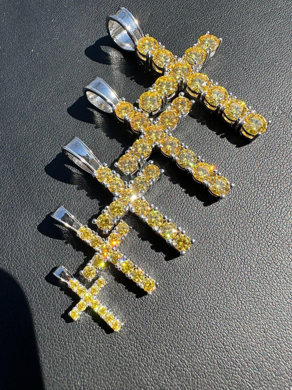 Hip Hop Yellow Canary MOISSANITE Real 925 Silver Cross Iced Pendant Necklace Hip Hop