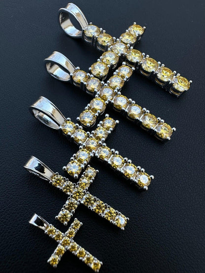 Hip Hop Yellow Canary MOISSANITE Real 925 Silver Cross Iced Pendant Necklace Hip Hop