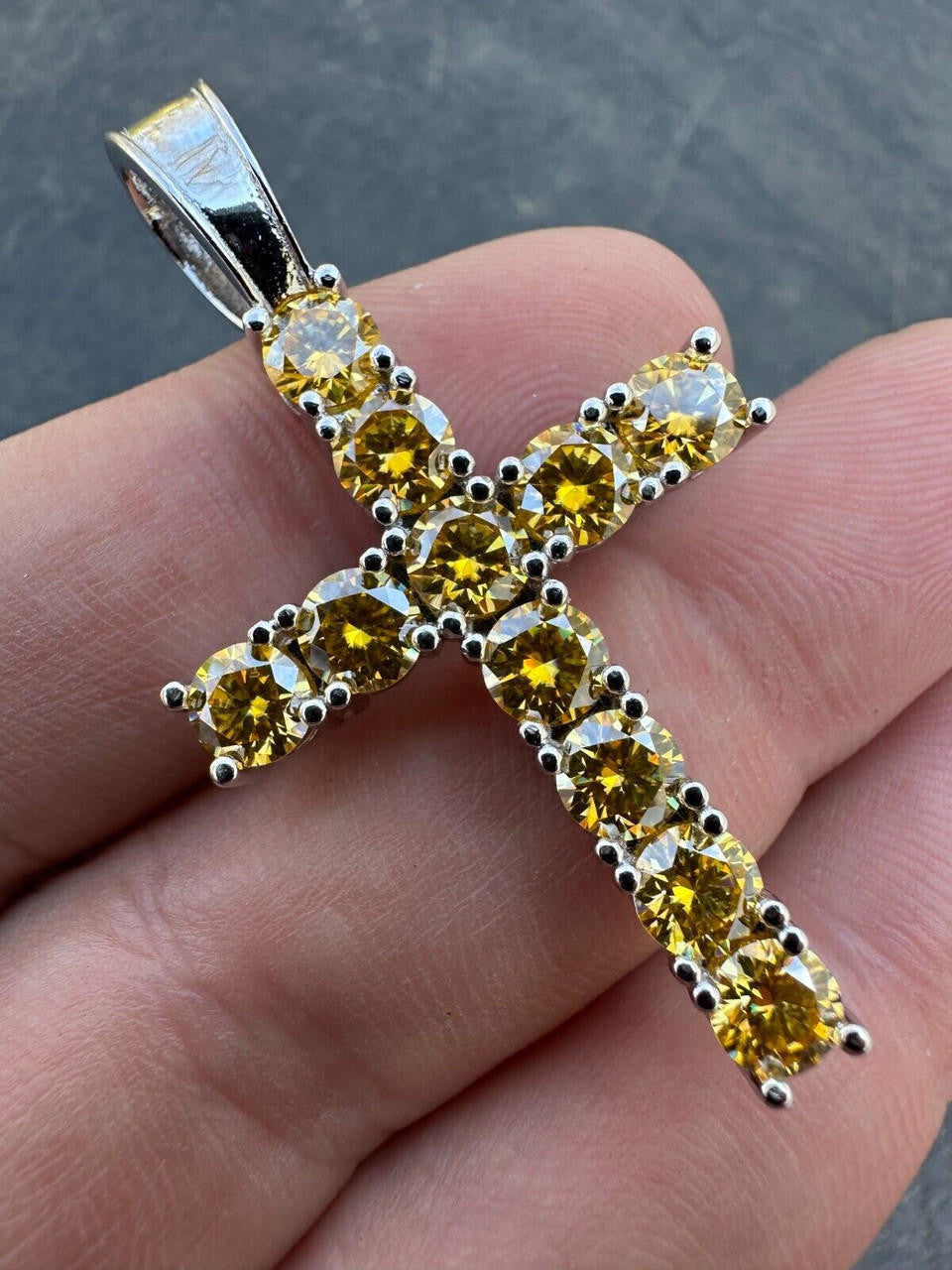 Hip Hop Yellow Canary MOISSANITE Real 925 Silver Cross Iced Pendant Necklace Hip Hop