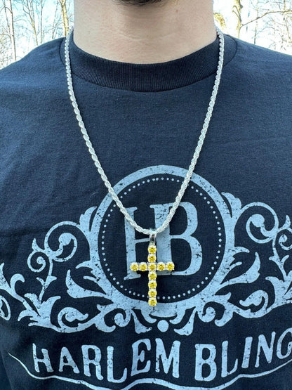Hip Hop Yellow Canary MOISSANITE Real 925 Silver Cross Iced Pendant Necklace Hip Hop