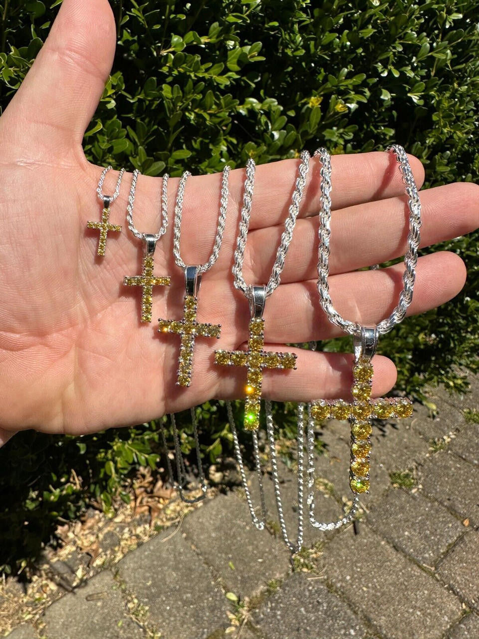 Hip Hop Yellow Canary MOISSANITE Real 925 Silver Cross Iced Pendant Necklace Hip Hop