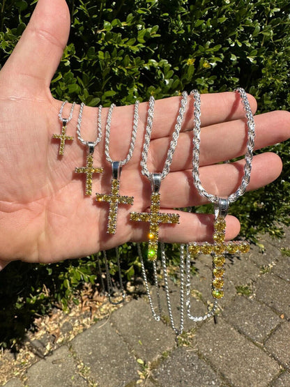 Hip Hop Yellow Canary MOISSANITE Real 925 Silver Cross Iced Pendant Necklace Hip Hop