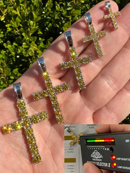 Hip Hop Yellow Canary MOISSANITE Real 925 Silver Cross Iced Pendant Necklace Hip Hop