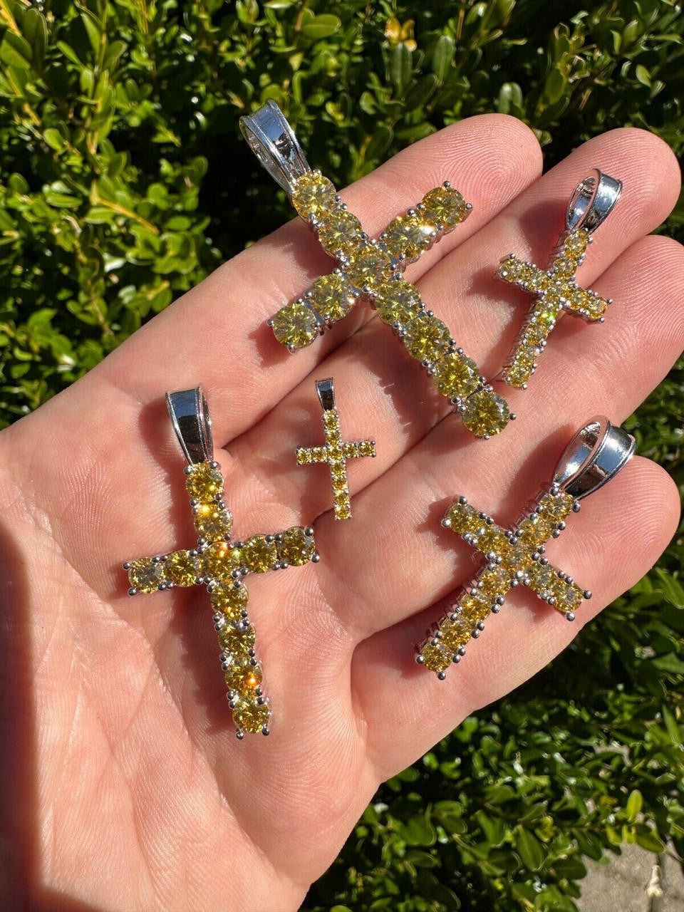 Hip Hop Yellow Canary MOISSANITE Real 925 Silver Cross Iced Pendant Necklace Hip Hop