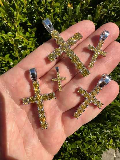 Hip Hop Yellow Canary MOISSANITE Real 925 Silver Cross Iced Pendant Necklace Hip Hop