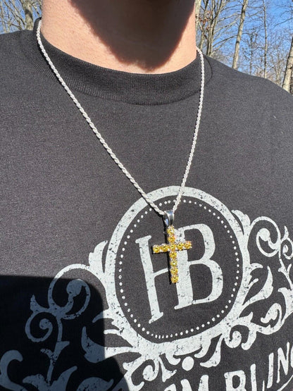 Hip Hop Yellow Canary MOISSANITE Real 925 Silver Cross Iced Pendant Necklace Hip Hop