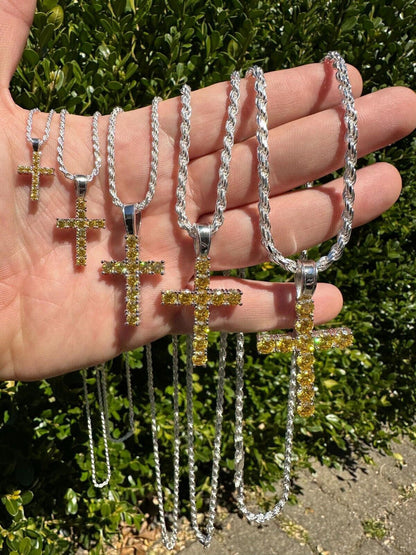 Hip Hop Yellow Canary MOISSANITE Real 925 Silver Cross Iced Pendant Necklace Hip Hop