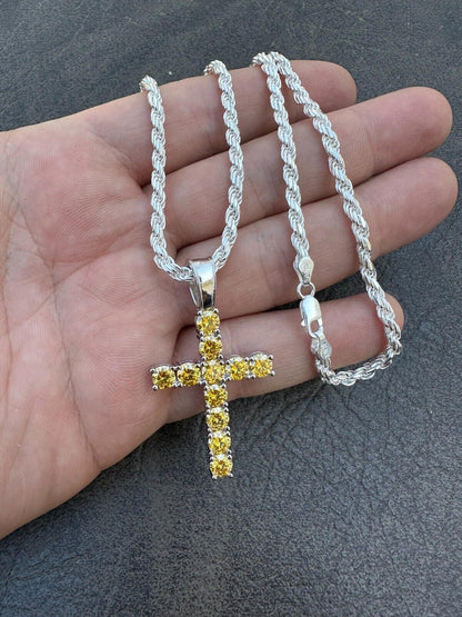Hip Hop Yellow Canary MOISSANITE Real 925 Silver Cross Iced Pendant Necklace Hip Hop