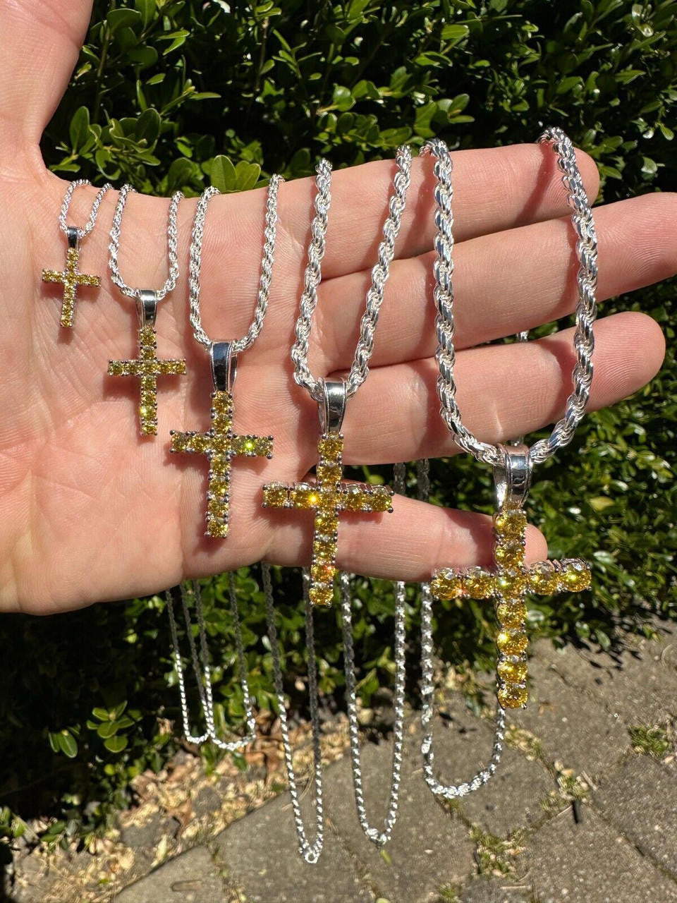 Hip Hop Yellow Canary MOISSANITE Real 925 Silver Cross Iced Pendant Necklace Hip Hop