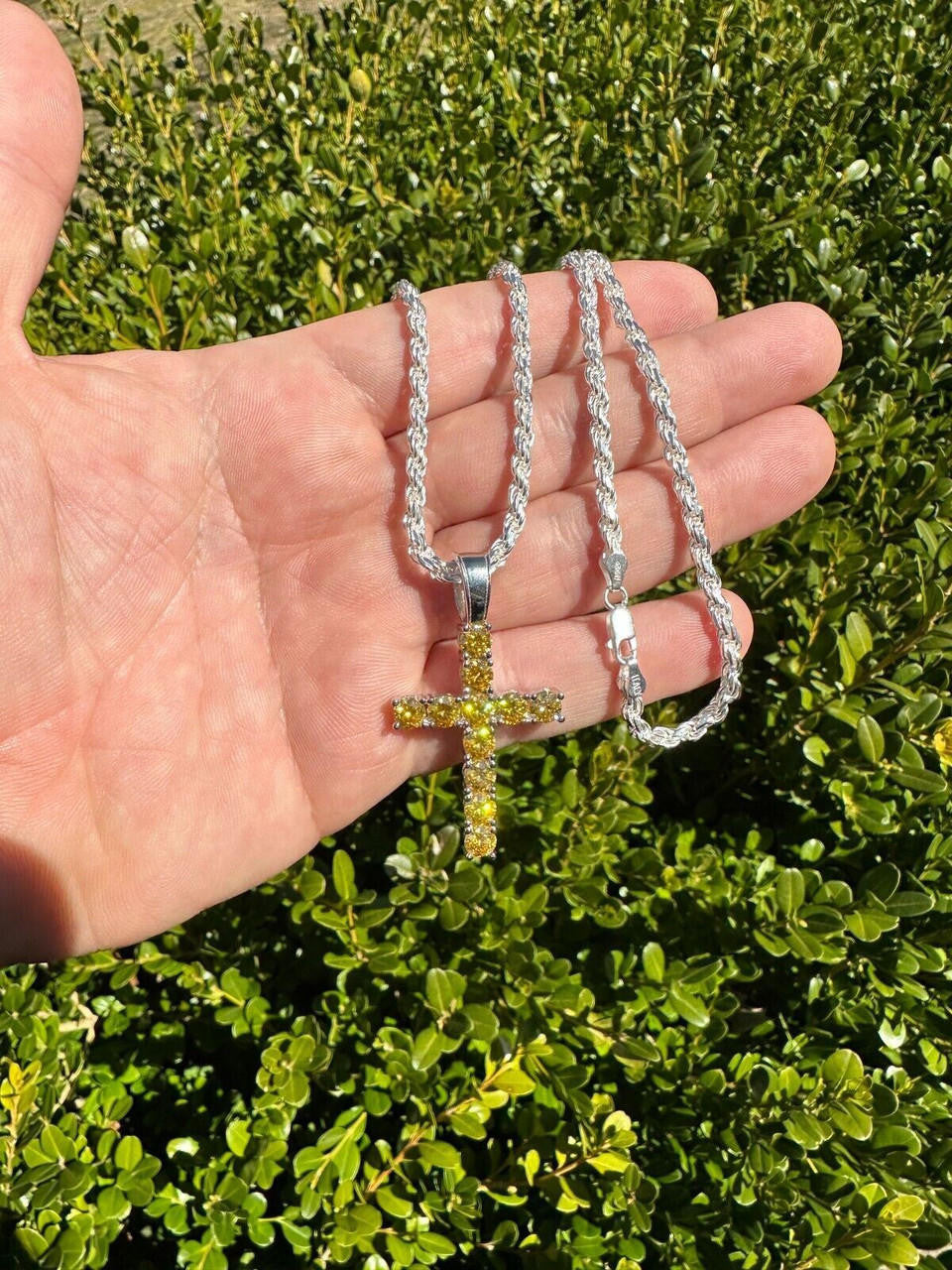 Hip Hop Yellow Canary MOISSANITE Real 925 Silver Cross Iced Pendant Necklace Hip Hop