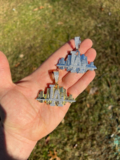 HipHop Los Angeles LA Skyline Pendant Iced Diamond Real 925 Silver Gold Necklace