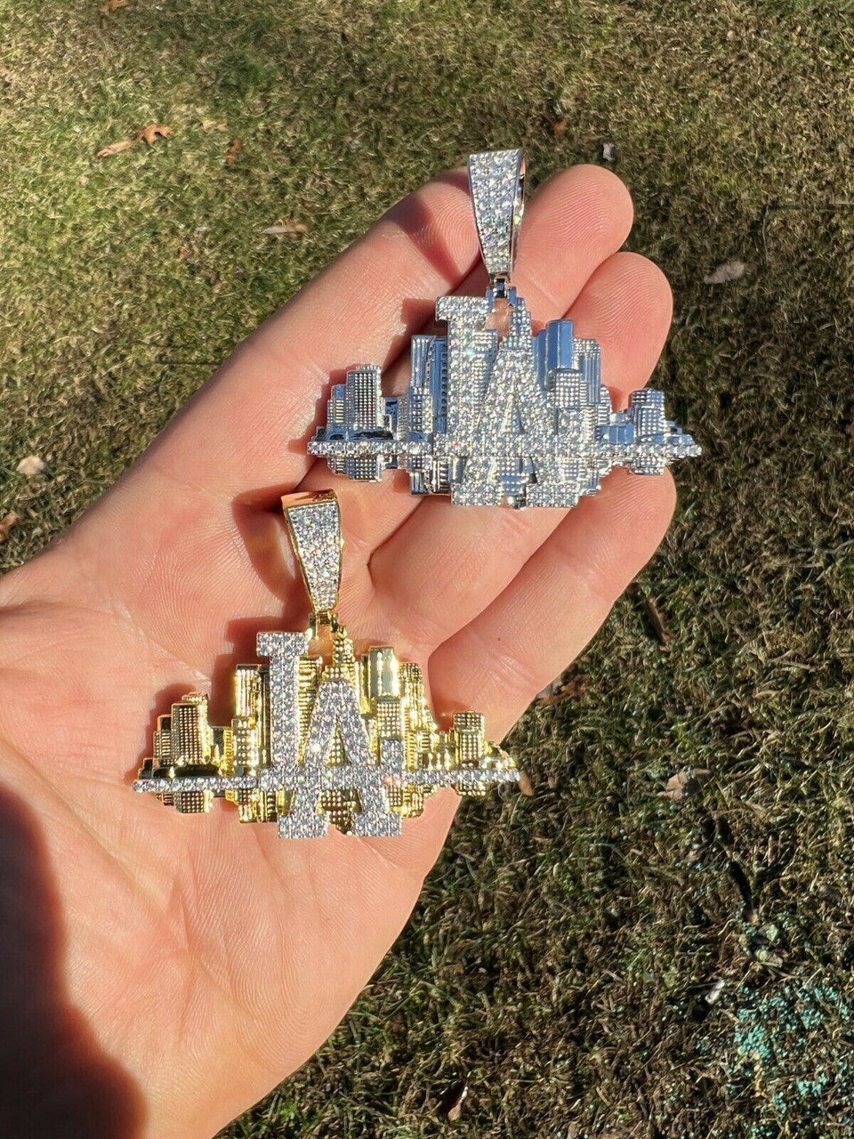 HipHop Los Angeles LA Skyline Pendant Iced Diamond Real 925 Silver Gold Necklace