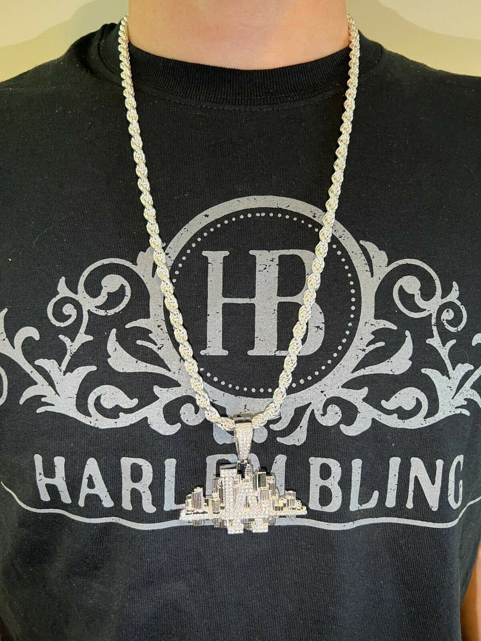 HipHop Los Angeles LA Skyline Pendant Iced Diamond Real 925 Silver Gold Necklace