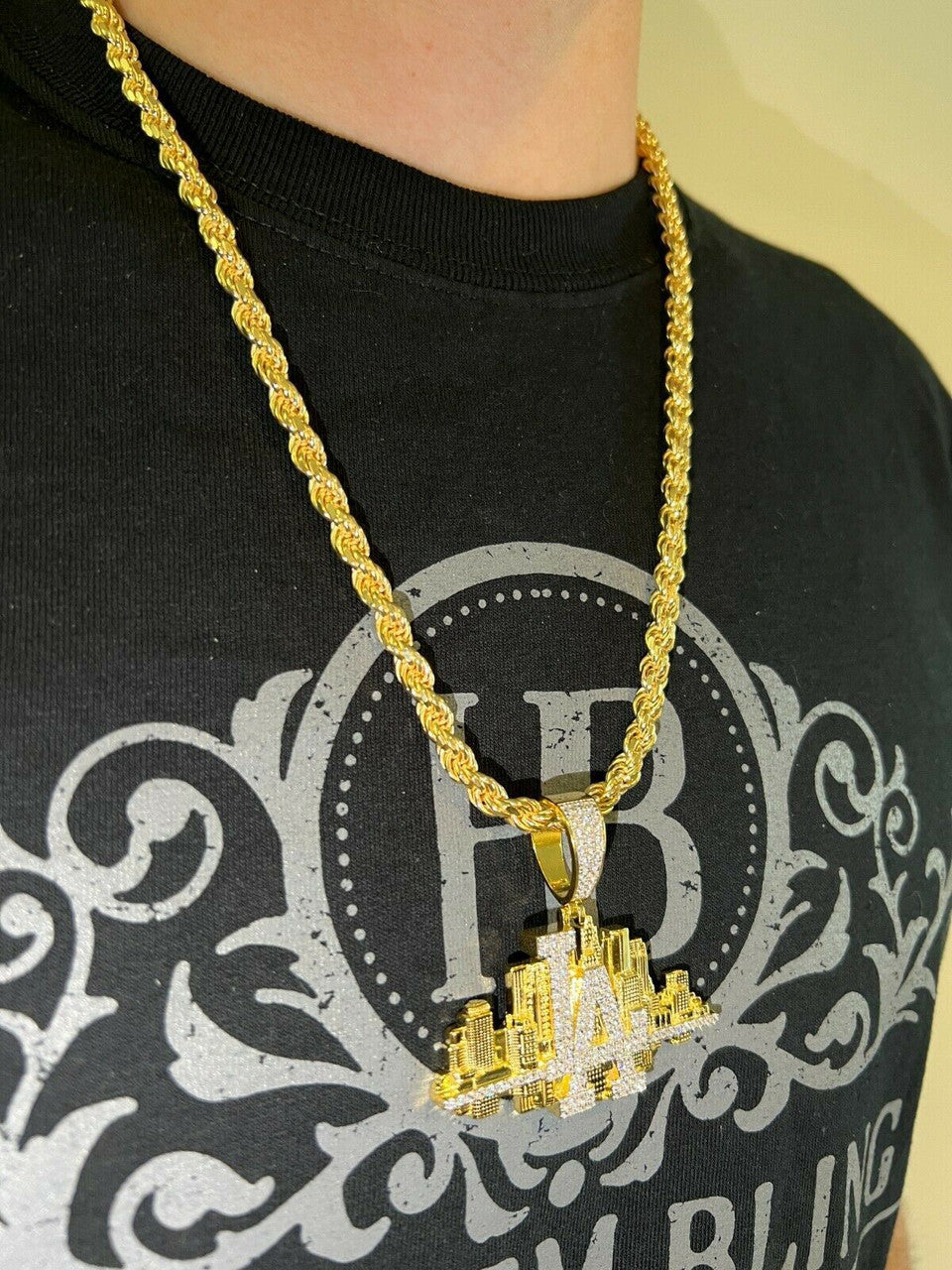 HipHop Los Angeles LA Skyline Pendant Iced Diamond Real 925 Silver Gold Necklace
