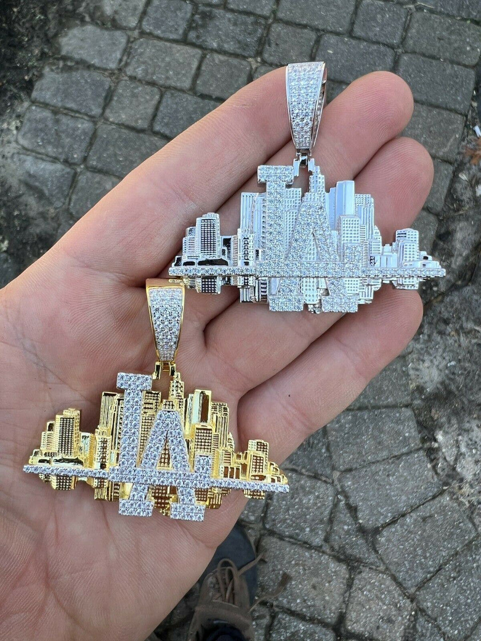 HipHop Los Angeles LA Skyline Pendant Iced Diamond Real 925 Silver Gold Necklace