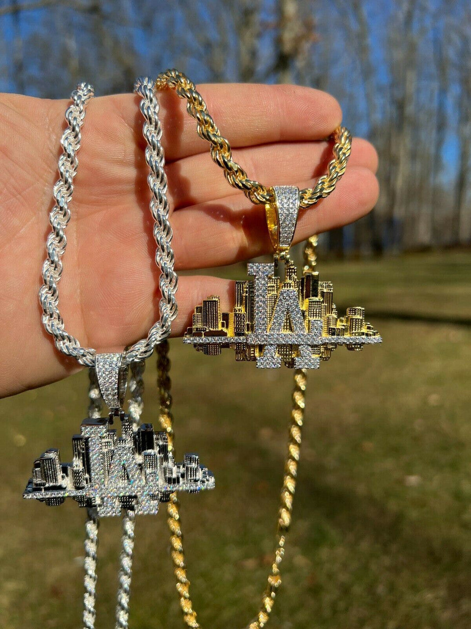 HipHop Los Angeles LA Skyline Pendant Iced Diamond Real 925 Silver Gold Necklace