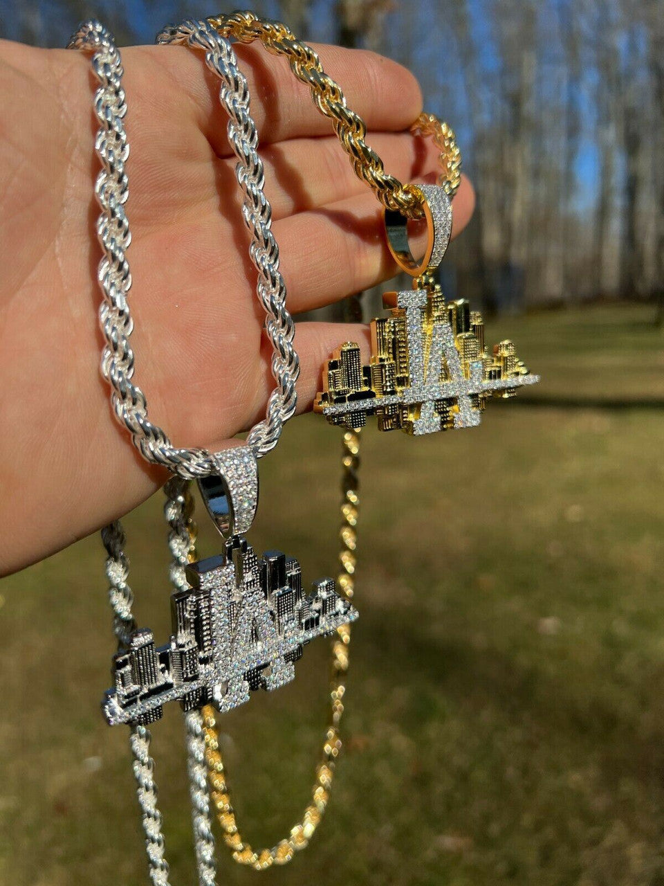 HipHop Los Angeles LA Skyline Pendant Iced Diamond Real 925 Silver Gold Necklace