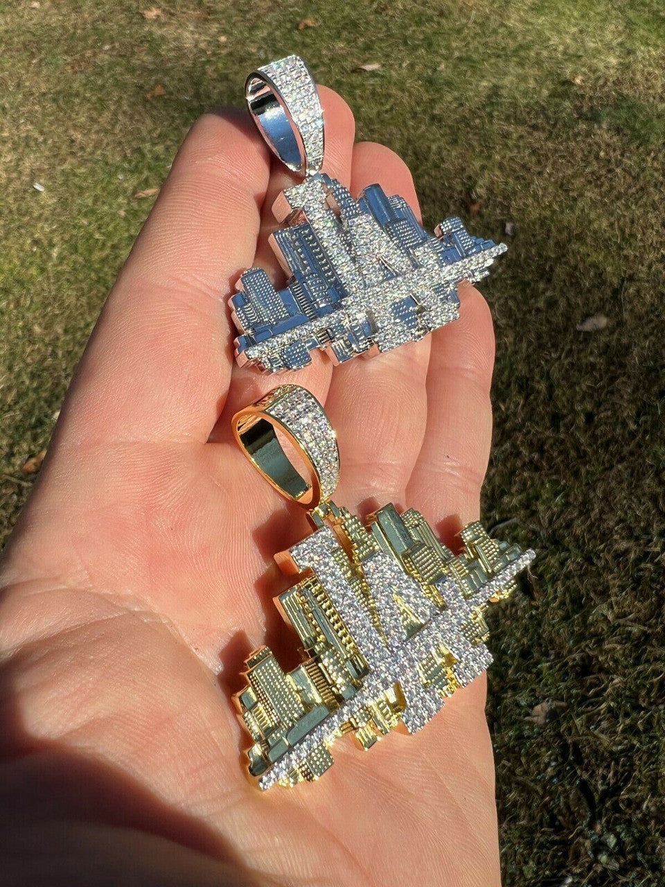 HipHop Los Angeles LA Skyline Pendant Iced Diamond Real 925 Silver Gold Necklace