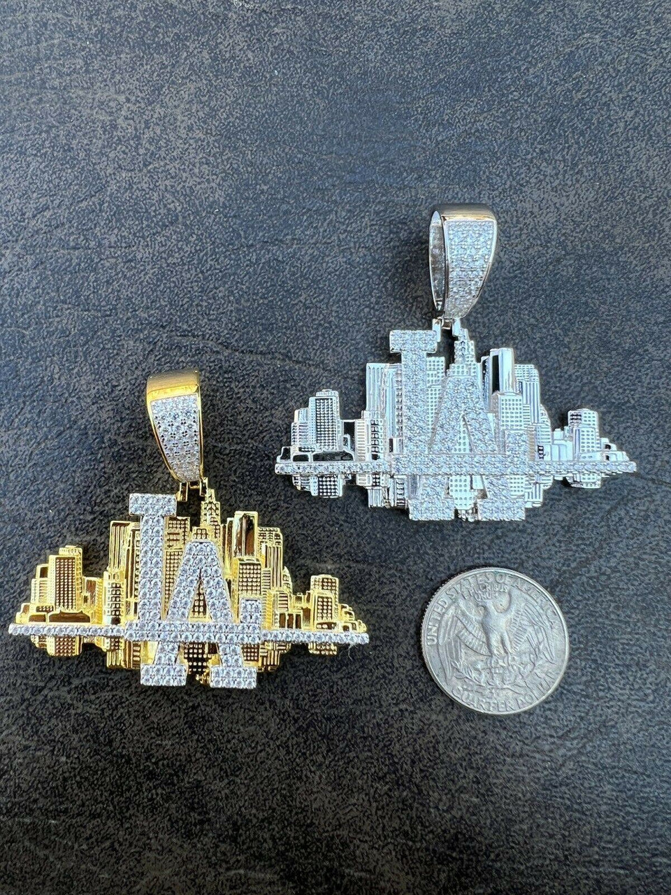 HipHop Los Angeles LA Skyline Pendant Iced Diamond Real 925 Silver Gold Necklace