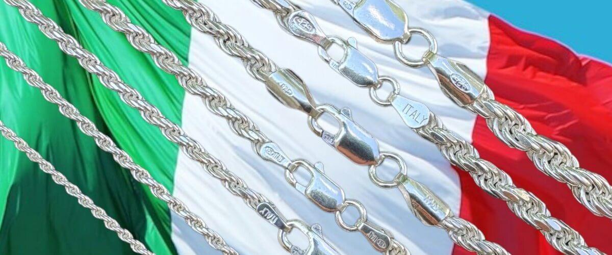 Silver chain necklace displayed on an Italian flag