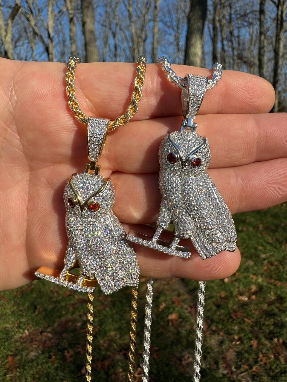 Iced MOISSANITE 925 Silver Gold Plated Hip Hop Owl Pendant Rapper OVO Necklace