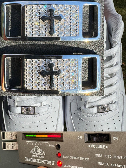 Iced Solid 925 Silver Moissanite Cross Lace Locks For Sneakers AF1 Jordan Etc