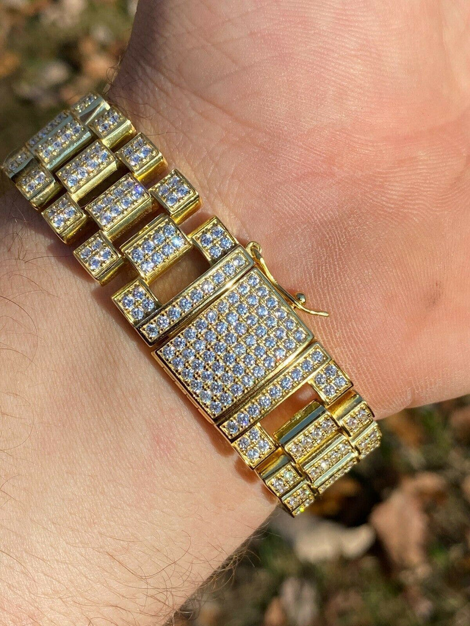 Italiano Silver, Inc 10ct MOISSANITE Big 20mm Mens Real Iced Presidential Bracelet - 14k Gold Vermeil