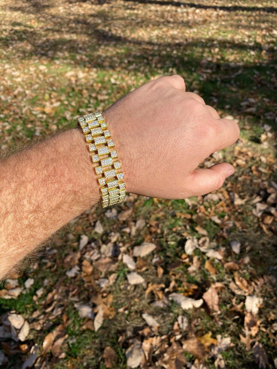 Italiano Silver, Inc 10ct MOISSANITE Big 20mm Mens Real Iced Presidential Bracelet - 14k Gold Vermeil