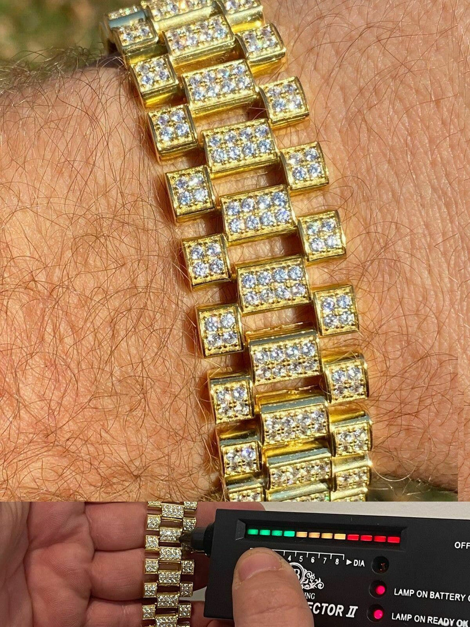 Italiano Silver, Inc 10ct MOISSANITE Big 20mm Mens Real Iced Presidential Bracelet - 14k Gold Vermeil