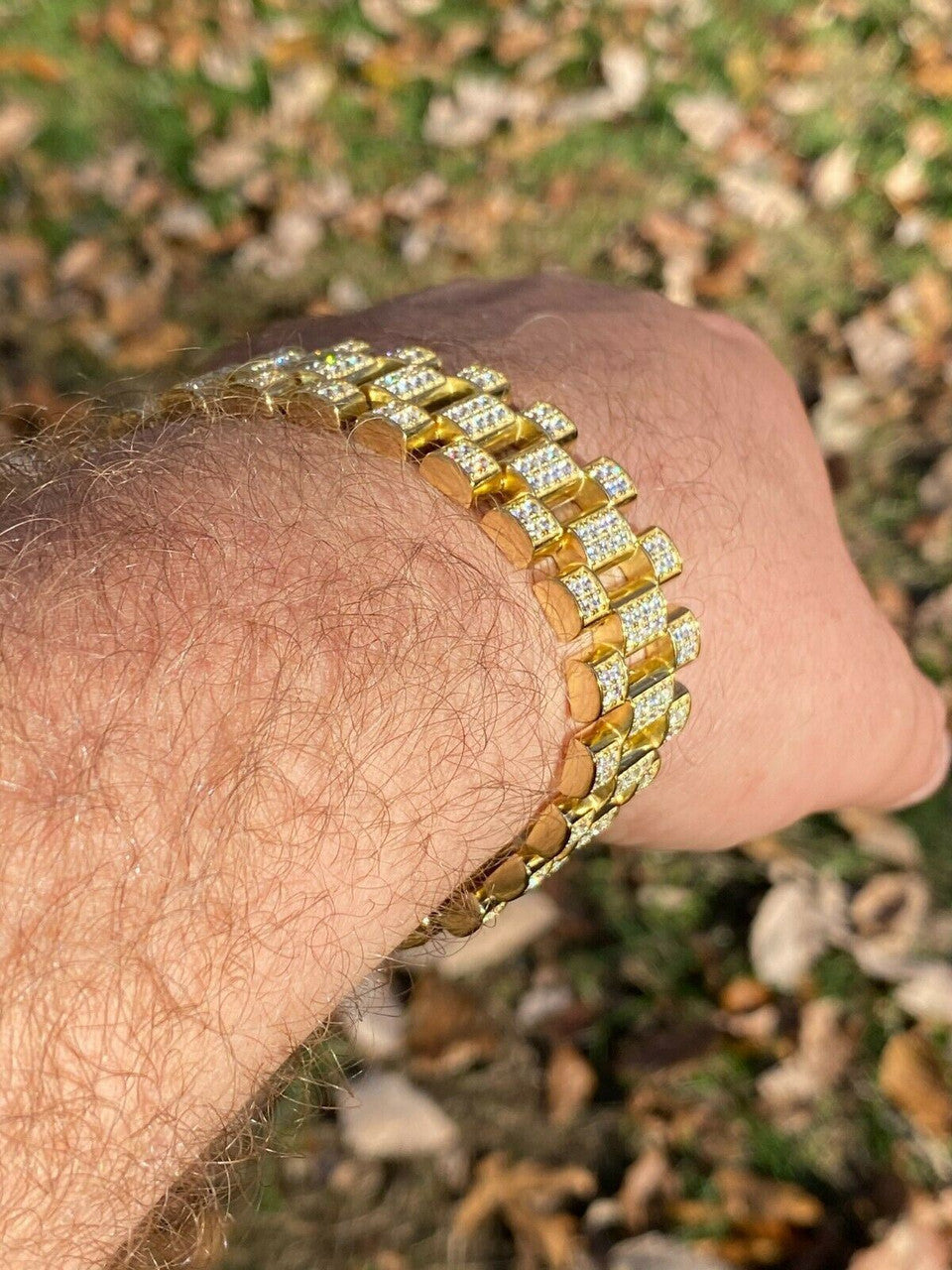 Italiano Silver, Inc 10ct MOISSANITE Big 20mm Mens Real Iced Presidential Bracelet - 14k Gold Vermeil