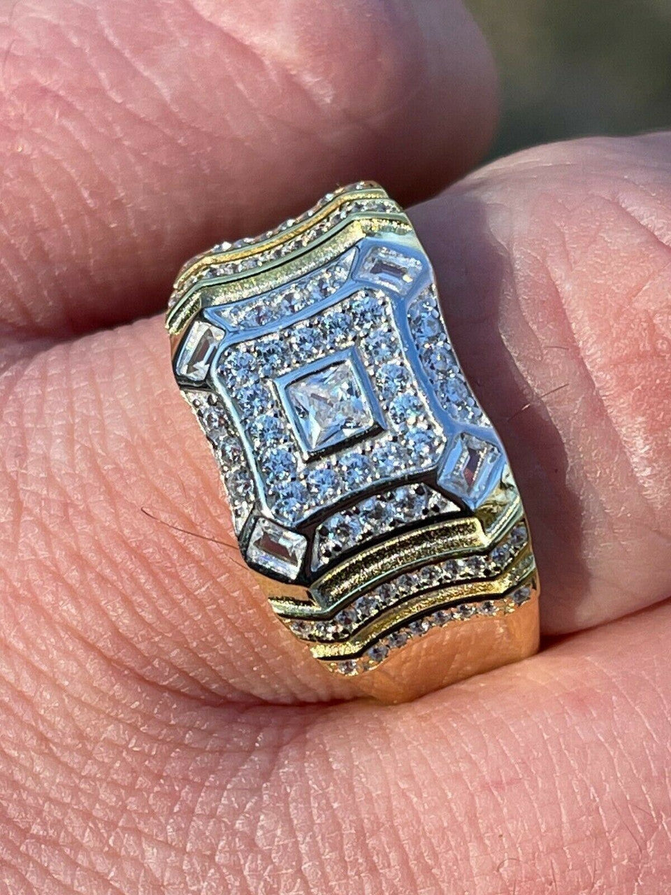 Italiano Silver, Inc 14k Gold and Real Solid 925 Silver Diamond Iced Baguette Mens Pinky Square RING Band