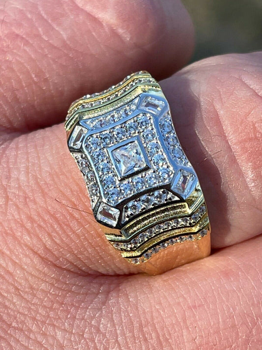 Italiano Silver, Inc 14k Gold and Real Solid 925 Silver Diamond Iced Baguette Mens Pinky Square RING Band