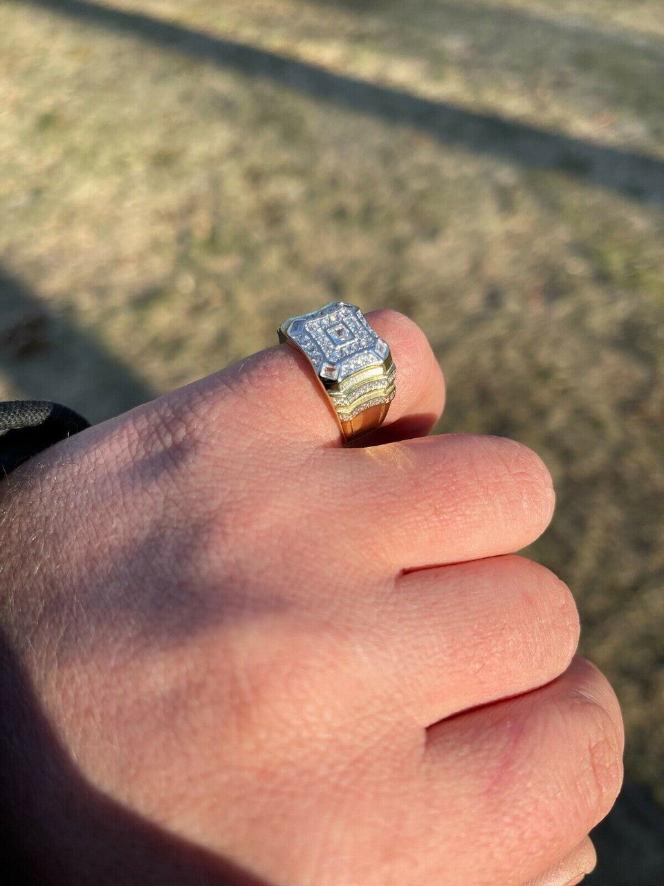 Italiano Silver, Inc 14k Gold and Real Solid 925 Silver Diamond Iced Baguette Mens Pinky Square RING Band