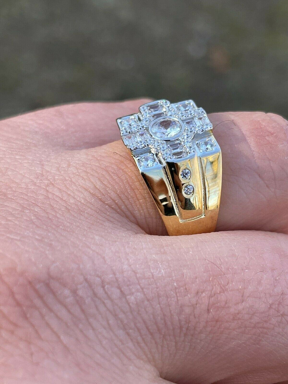 Italiano Silver, Inc 14k Gold and Real Solid 925 Silver Diamond Iced Baguette Mens Pinky Square RING