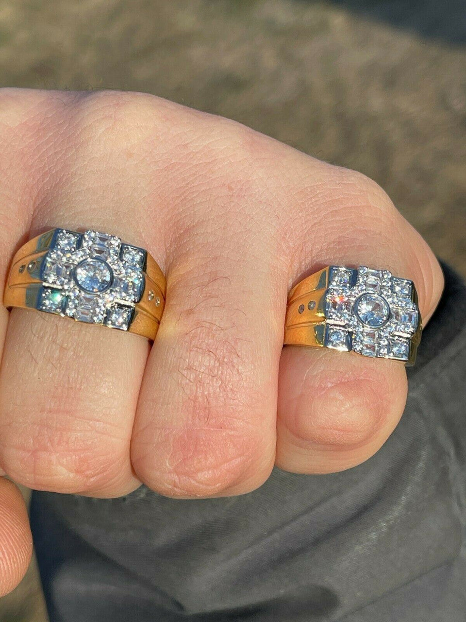 Italiano Silver, Inc 14k Gold and Real Solid 925 Silver Diamond Iced Baguette Mens Pinky Square RING