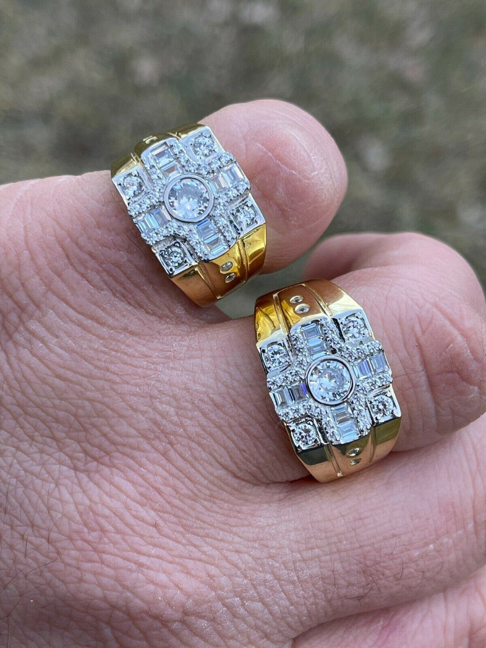 Italiano Silver, Inc 14k Gold and Real Solid 925 Silver Diamond Iced Baguette Mens Pinky Square RING