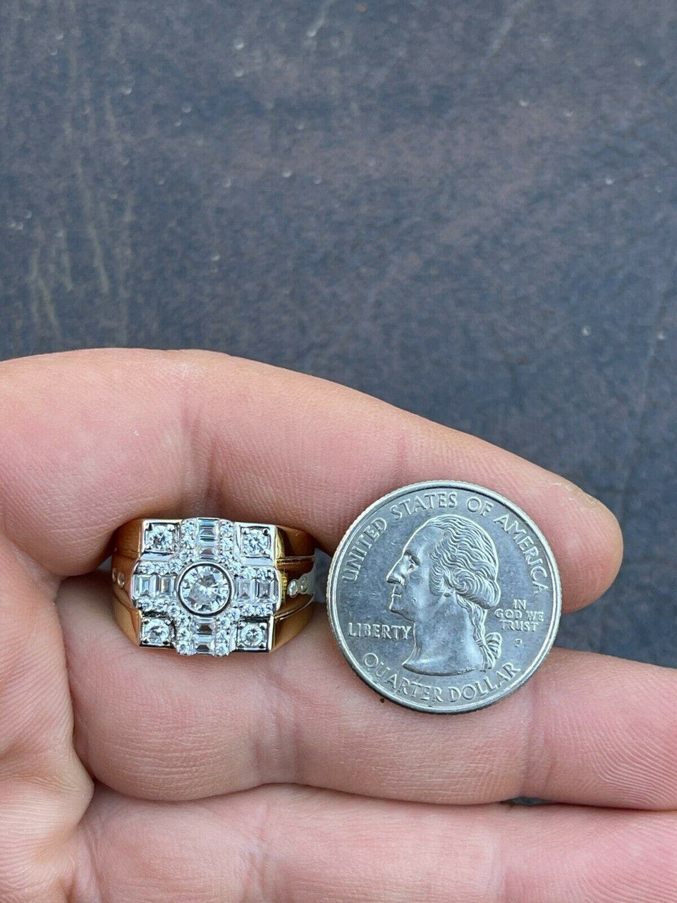 Italiano Silver, Inc 14k Gold and Real Solid 925 Silver Diamond Iced Baguette Mens Pinky Square RING