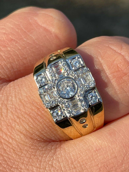 Italiano Silver, Inc 14k Gold and Real Solid 925 Silver Diamond Iced Baguette Mens Pinky Square RING