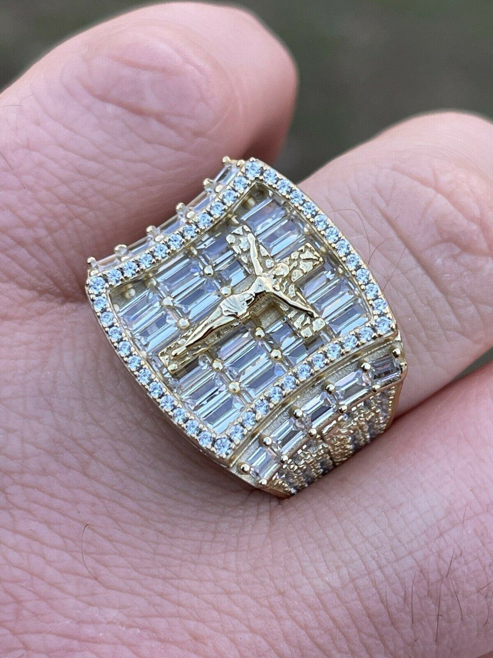 Italiano Silver, Inc 14k Gold and Solid 925 Silver Iced Flooded Out Baguette Diamond Pinky Cross Ring