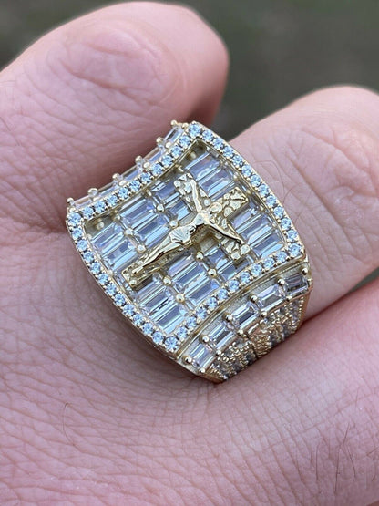 Italiano Silver, Inc 14k Gold and Solid 925 Silver Iced Flooded Out Baguette Diamond Pinky Cross Ring