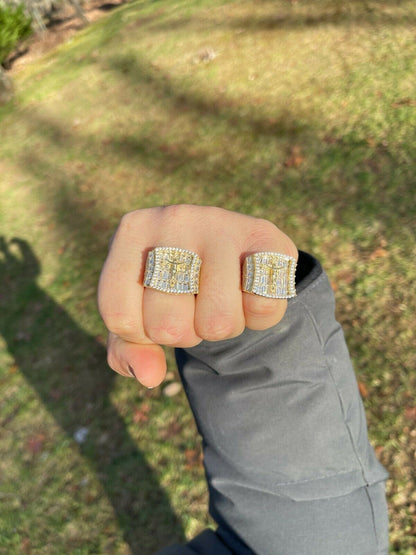 Italiano Silver, Inc 14k Gold and Solid 925 Silver Iced Flooded Out Baguette Diamond Pinky Cross Ring