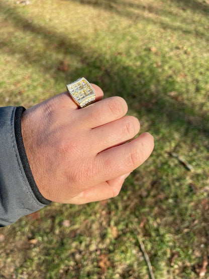 Italiano Silver, Inc 14k Gold and Solid 925 Silver Iced Flooded Out Baguette Diamond Pinky Cross Ring