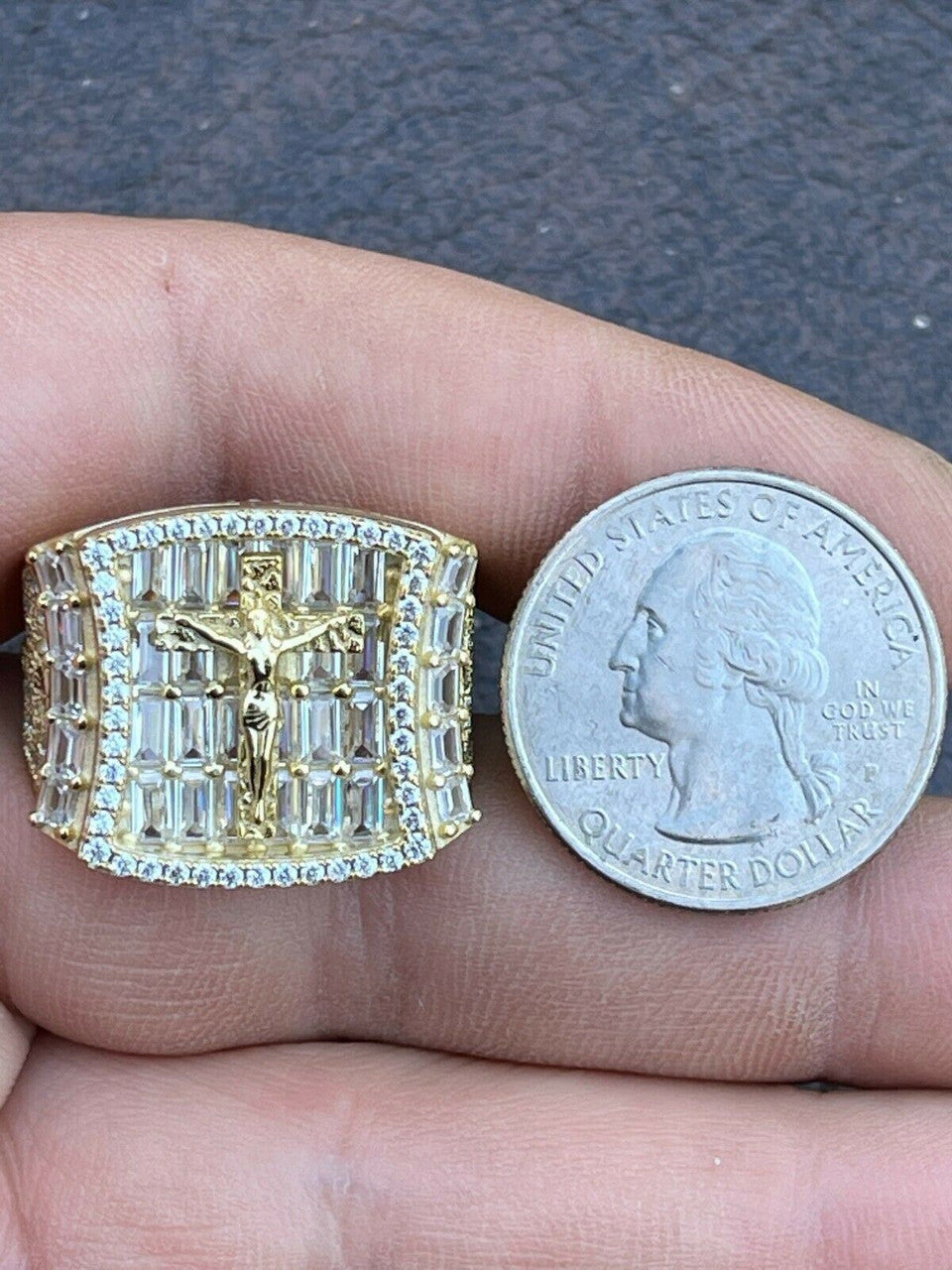 Italiano Silver, Inc 14k Gold and Solid 925 Silver Iced Flooded Out Baguette Diamond Pinky Cross Ring