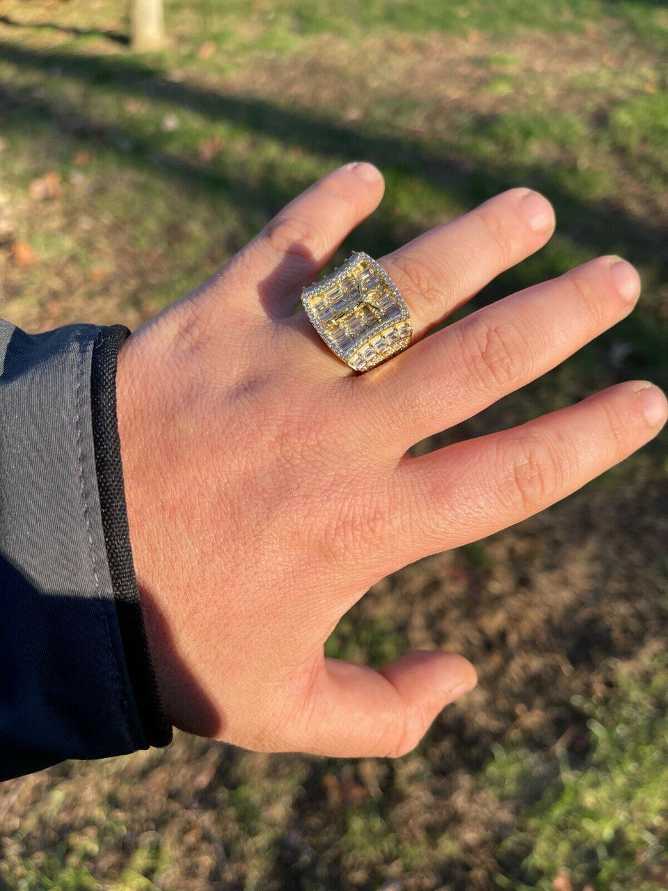 Italiano Silver, Inc 14k Gold and Solid 925 Silver Iced Flooded Out Baguette Diamond Pinky Cross Ring