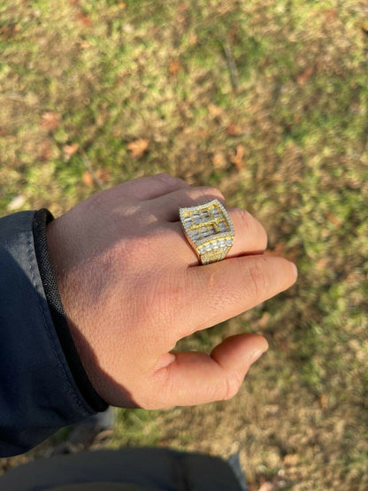 Italiano Silver, Inc 14k Gold and Solid 925 Silver Iced Flooded Out Baguette Diamond Pinky Cross Ring