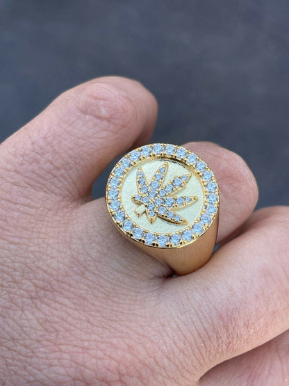 Italiano Silver, Inc 14k Gold and Solid 925 Sterling Silver Iced Weed Marijuana Leaf Ring Flooded Out