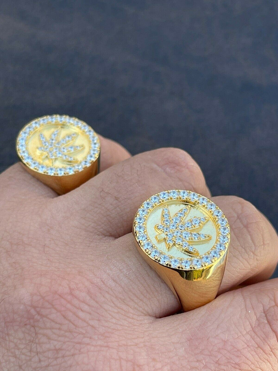 Italiano Silver, Inc 14k Gold and Solid 925 Sterling Silver Iced Weed Marijuana Leaf Ring Flooded Out